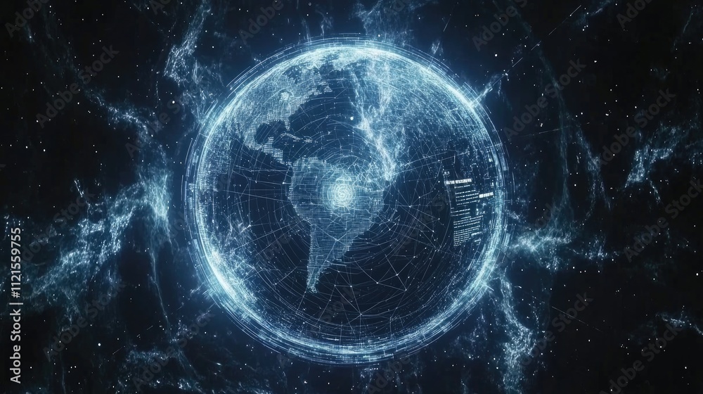 Poster a glowing wireframe globe surrounded by rotating data graphs and charts in a futuristic digital them