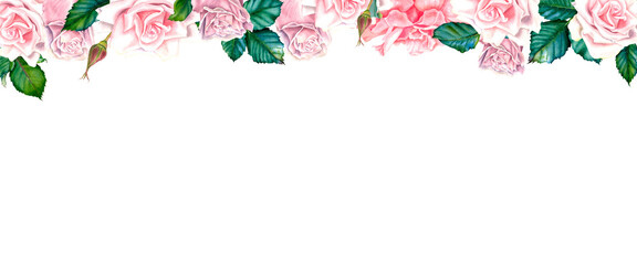 Floral banner with pastel pink roses and green leaves. Hand drawn watercolor botanical illustration on isolated background. Blank postcard with copy space. Template for decoration and design. © Nadezhda