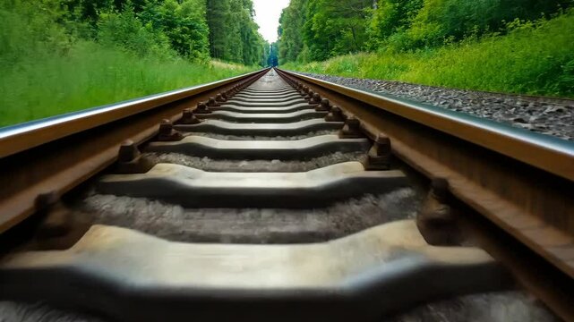 Close-up view of railway tracks, green landscape. Stones and ties close up, rail way infrastructure. Journey ahead. Travel adventure, beauty of nature. Sleepers closeup. Long road trip on train.