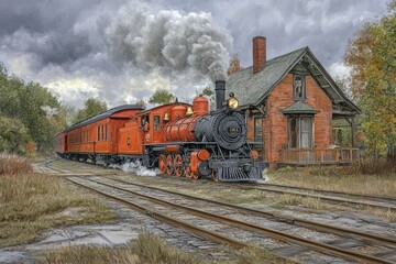 Historic steam train journey at abandoned station scenic landscape vintage art atmospheric viewpoint