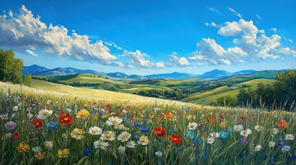 A serene meadow with wildflowers, gentle hills, and a vibrant blue sky, emphasizing the harmony of nature Peaceful riverside scene