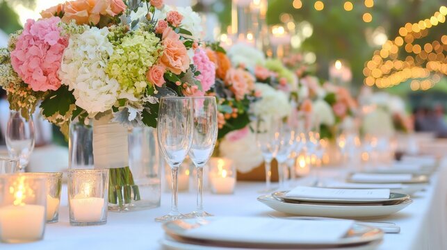 Elegant floral arrangements for a romantic dinner party outdoor setting photography festive atmosphere close-up view event planning tips