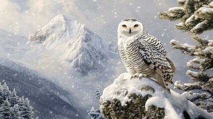 A snowy owl perched high in a pine tree, overlooking a snow-covered landscape.