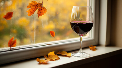 glass of red wine with autumn leaves