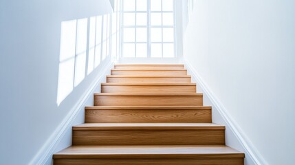 Fototapeta premium A minimalist stairway in a contemporary home with polished wooden steps, white walls, and a large window casting light onto the staircase