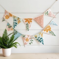 Colorful fabric bunting hangs against a white wall, adorned with floral patterns, complemented by a potted fern on a wooden surface.