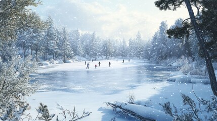 Frozen lake with skaters surrounded by snowy woods, Merry Christmas text overlay 