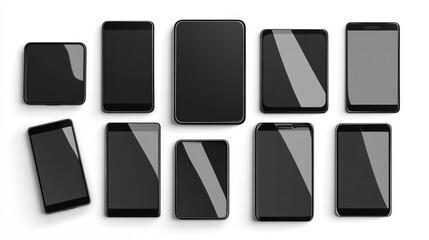 Collection of various smartphones and tablets with blank screens isolated on white background.