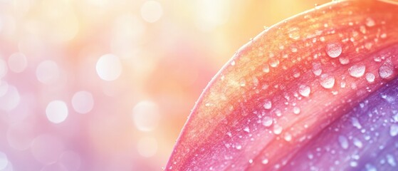 Close-Up of Colorful Petal with Water Droplets and Dreamy Bokeh Background - Nature Beauty, Floral Aesthetics, and Soft Light Effects