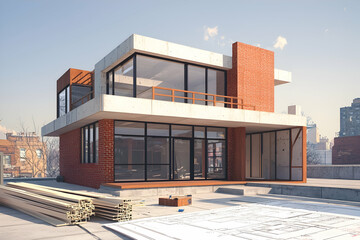 A modern house under construction, with blueprints and building materials on the ground in front of it.