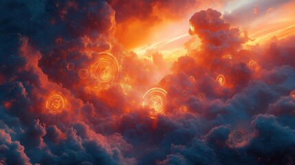 A colorful, fiery sky with a few clouds