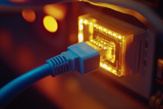Close-Up of Ethernet Cable Plugged into Network Port with LED Lights, Representing High-Speed Internet and Connectivity Technology
