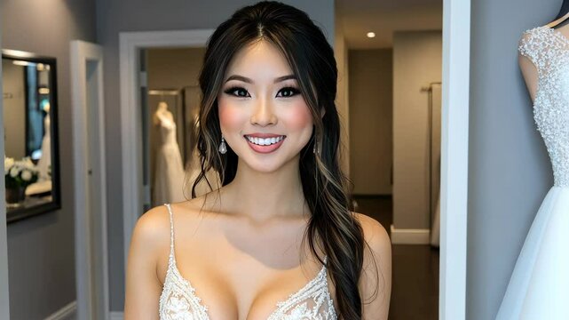 Beautiful woman posing in elegant bridal gown at a bridal boutique during daylight hours