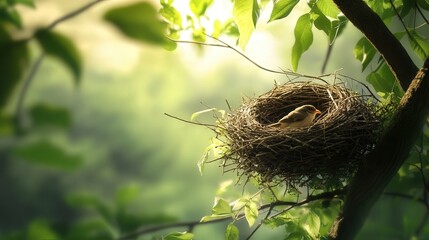 Obraz premium a birdas nest sitting atop a high tree branch. The nest is constructed from twigs and soft feathers, offering a cozy refuge for the birds