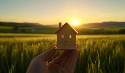 A hand holding a miniature house model against the backdrop of an open field, symbolizing home buying and real estate security.