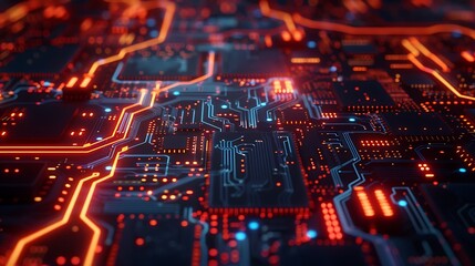 Abstract digital circuit board with glowing neon lines and electronic background
