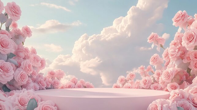 A dreamy pastel circular pink podium by blooming pink roses, a soft sky with fluffy clouds. a romantic surreal showcasing product. floral display, flowers around a stage, Valentine&rsquo;s Day background