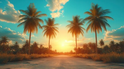 Tropical Sunset Road with Palm Trees - A Stunning Scenic View