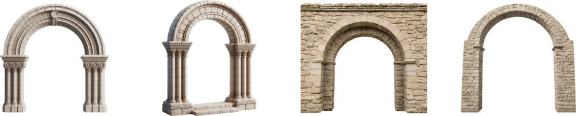 Various Historical Stone Arches with Different Architectural Styles isolated on Transparent and White Background
