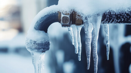 Frost covered metal pipe with icicles in winter, showcasing effects of cold weather on plumbing and outdoor fixtures in a snowy environment