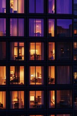 Vibrant City Twilight: Illuminated Interiors and Captivating Architectural Silhouettes