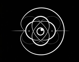 Naklejka premium Atom icon. Quantum physics. Black color logo isolated on white background. Medical symbol. Nuclear energy. Molecule structure. Fusion reactor. Proton core. Atomic neutron power. Ai generated image.