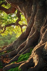 Majestic Tree Roots Surrounded by Lush Greenery and Soft Sunlight - Natures Beauty in a Tranquil Forest Setting