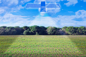 SATELLITE MAPPING CONCEPT  with imaginary map of territory, land parcels and geodetic satellite...