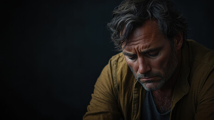 man in his thirties with sorrowful expression, deep in thought