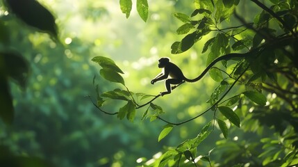 a monkey leaping across tree branches in the jungle. The vibrant green leaves create a lively background,