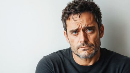 man in his forties with sad expression and thoughtful eyes