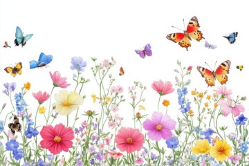 spring flowers and butterflies on white paper