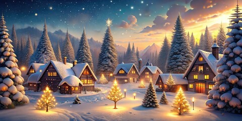 Snowy Village Scene with Twinkling Holiday Lights and Decorated Trees for Festive Celebrations