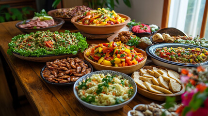 Fototapeta premium various delicious foods are arranging randomly on the table, A vibrant table bursting with various dishes of various foods, Numerous delicious snacks are surrounding on the table.