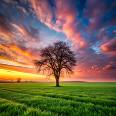 Obraz premium field covered in greenery with a bare tree under a shadow
