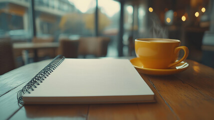 A cozy café scene with a notebook and coffee.