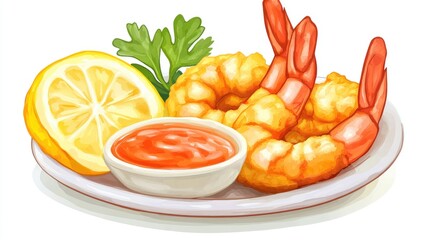 A side view of tempura shrimp resting on a plate with dipping sauce, accompanied by slices of fresh lemon and delicate green herbs for decoration