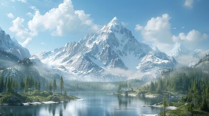 High snow-capped mountains with a clear blue sky above them and a lake at their foot.