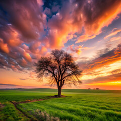 Fototapeta premium field covered in greenery with a bare tree under a shadow