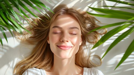 Naklejka premium Young woman radiates wellness and femininity at tropical spa amidst lush greenery and relaxation