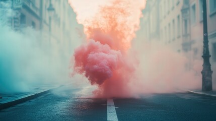 a smoke bomb placed in the middle of an urban road, with vibrant smoke filling the scene.
