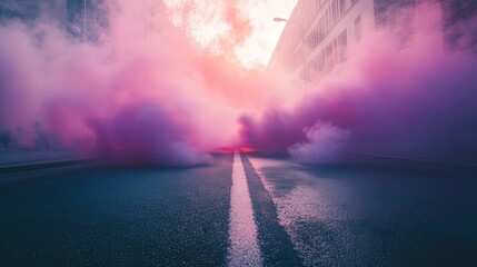 a smoke bomb placed in the middle of an urban road, with vibrant smoke filling the scene.