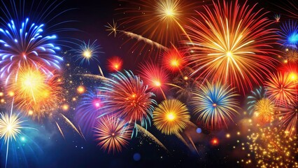 Fototapeta premium Stunning Abstract Fireworks Display on Dark Sky Background - Colorful Explosions, Night Celebration, Vibrant Patterns, Holiday Festivities, Beautiful Light Effects, Fireworks Art