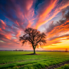 Obraz premium field covered in greenery with a bare tree under a shadow
