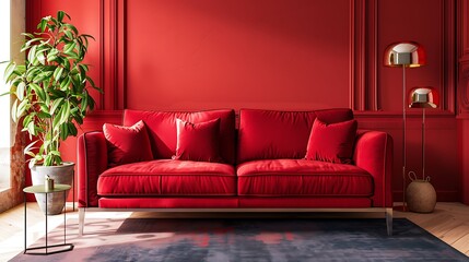 The living room with a viva magenta red wall background mockup, furnished with a red sofa and modern furniture, vibrant and trendy