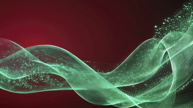 Translucent green gas swirling around industrial silhouettes, deep red background, sustainable future concept