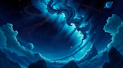 Obraz premium Anime Style dark blue, night-like space scene. A luminous, swirling nebula dominates the center, flanked by planets and clouds. Mountainous silhouettes are visible at the bottom.