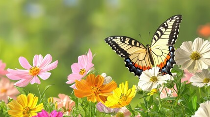 Fototapeta premium A colorful butterfly resting on vibrant flowers in a sunny garden, showcasing the beauty of nature.