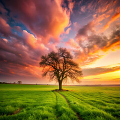 Obraz premium field covered in greenery with a bare tree under a shadow