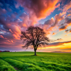 Obraz premium field covered in greenery with a bare tree under a shadow
